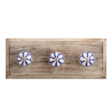 Navy Blue Floral Crackle Ceramic Wooden Hooks